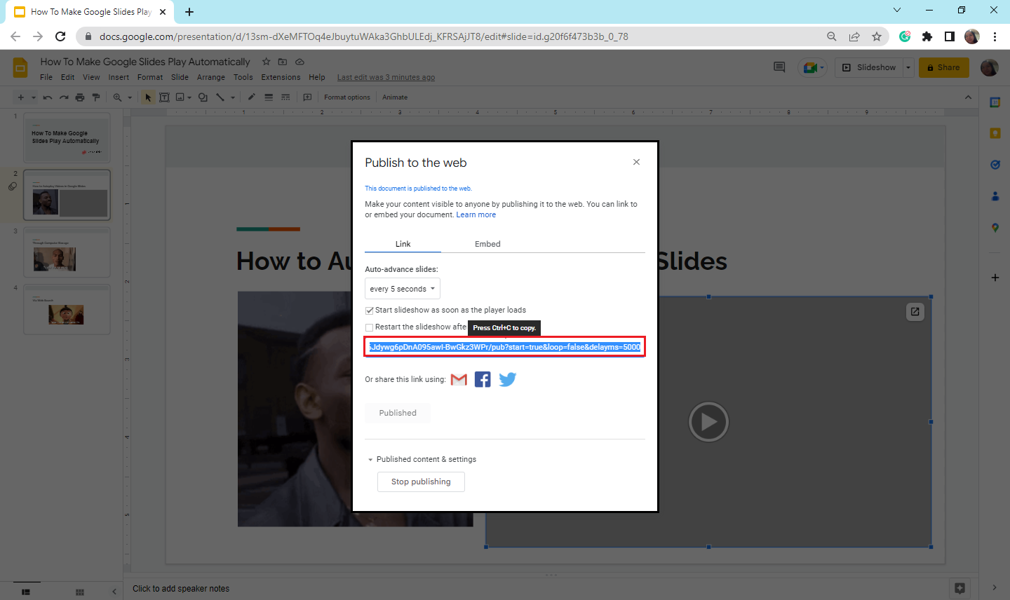 Once you published presentation, you can copy and paste the generated link