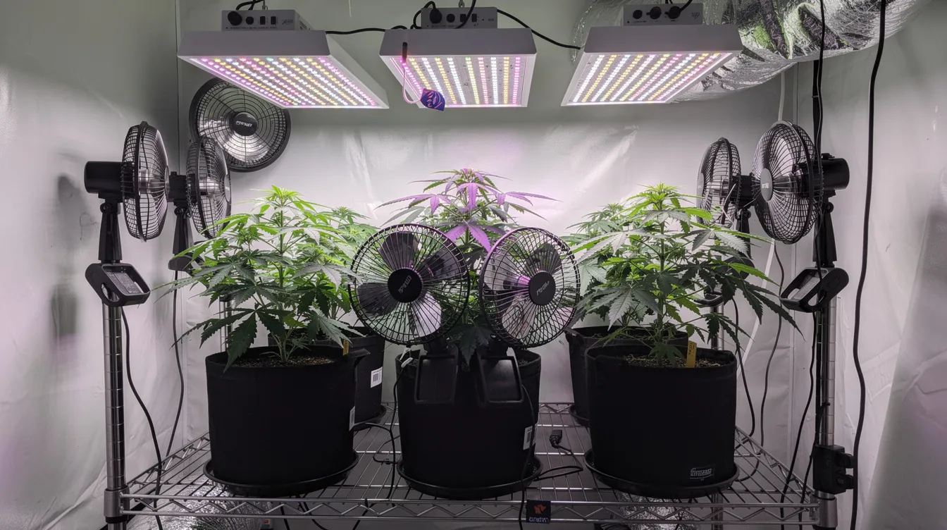 Das Bild zeigt ein Indoor Grow-Setup mit moderner LED-Beleuchtung und Ventilatoren, ideal für den Anbau von Cannabispflanzen in der Blütephase. Die Pflanzen stehen in einem gut belüfteten Grow Room, der optimale Bedingungen für die Blütenentwicklung und das Wachstum der Knospen bietet.