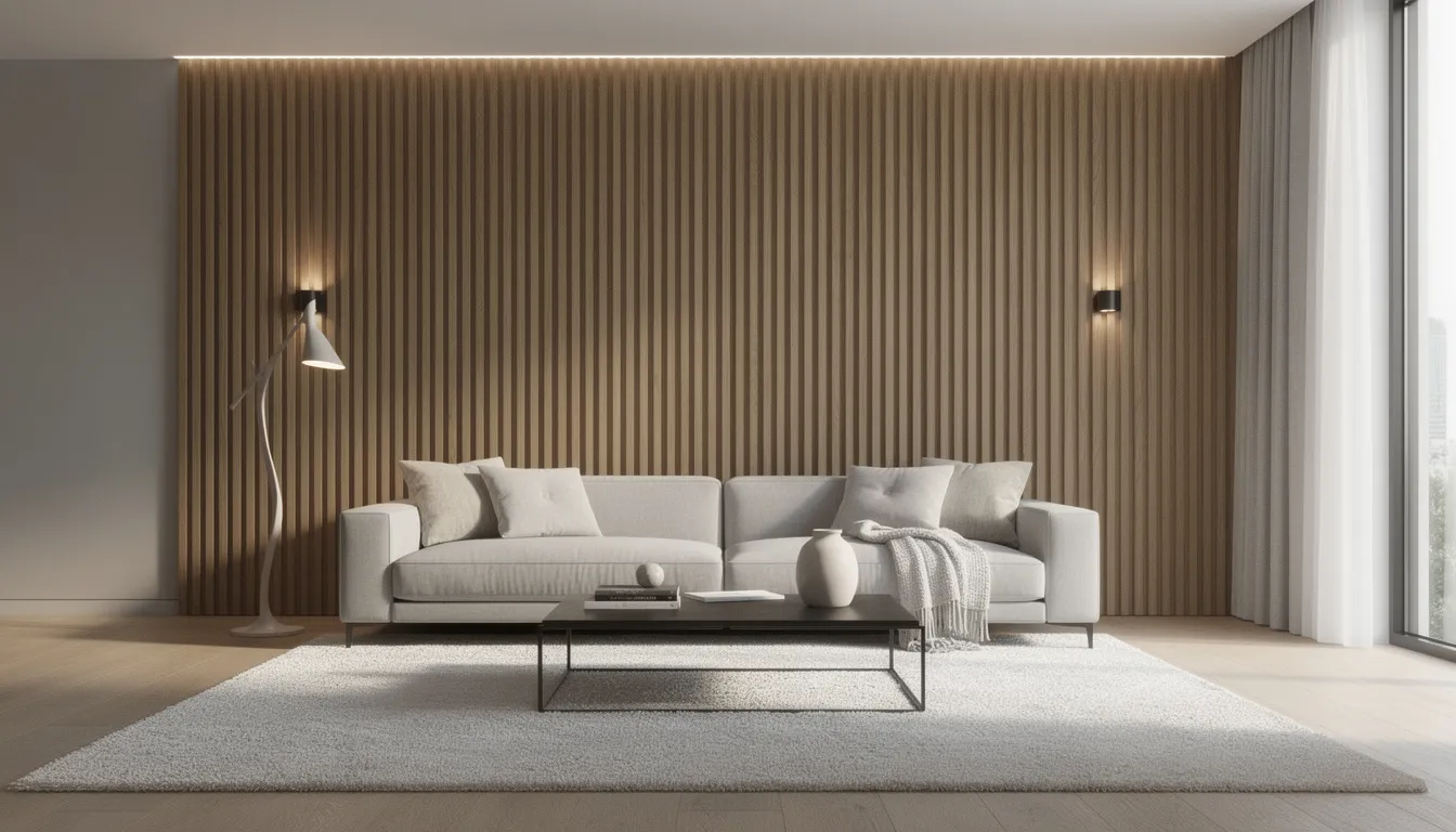 Een moderne woonkamer met een houten lattenwand achter een designbank, verlicht door stijlvolle lampen. De wandpanelen zijn een functionele en esthetische oplossing voor het interieur, waardoor de ruimte een warme en uitnodigende uitstraling krijgt.