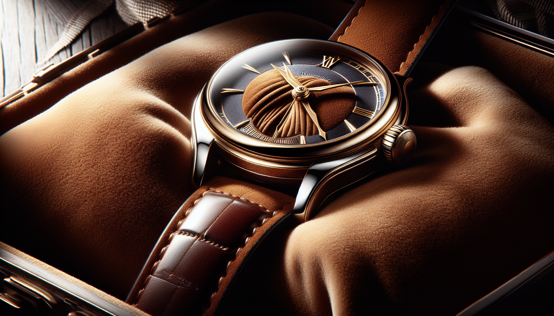 Suede watch strap coiled around a stylish timepiece