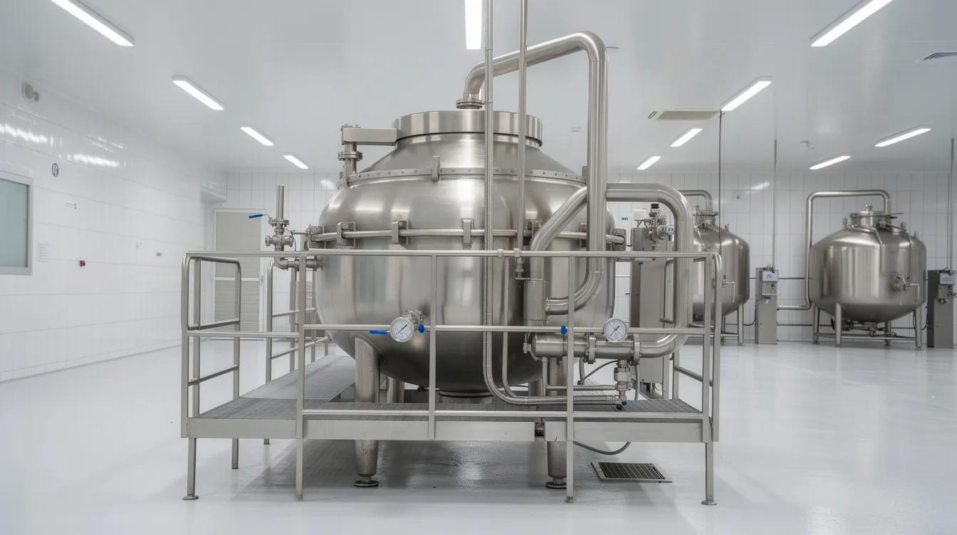8e18ec17 409a 4c18 82cb 7f5d36443928 The image depicts a large industrial cream separator machine situated in a clean and organized dairy processing facility, highlighting the crucial role of dairy machinery in the ghee manufacturing process. This machine is essential for efficiently separating milk solids from liquid milk, ensuring consistent quality in the production of ghee.