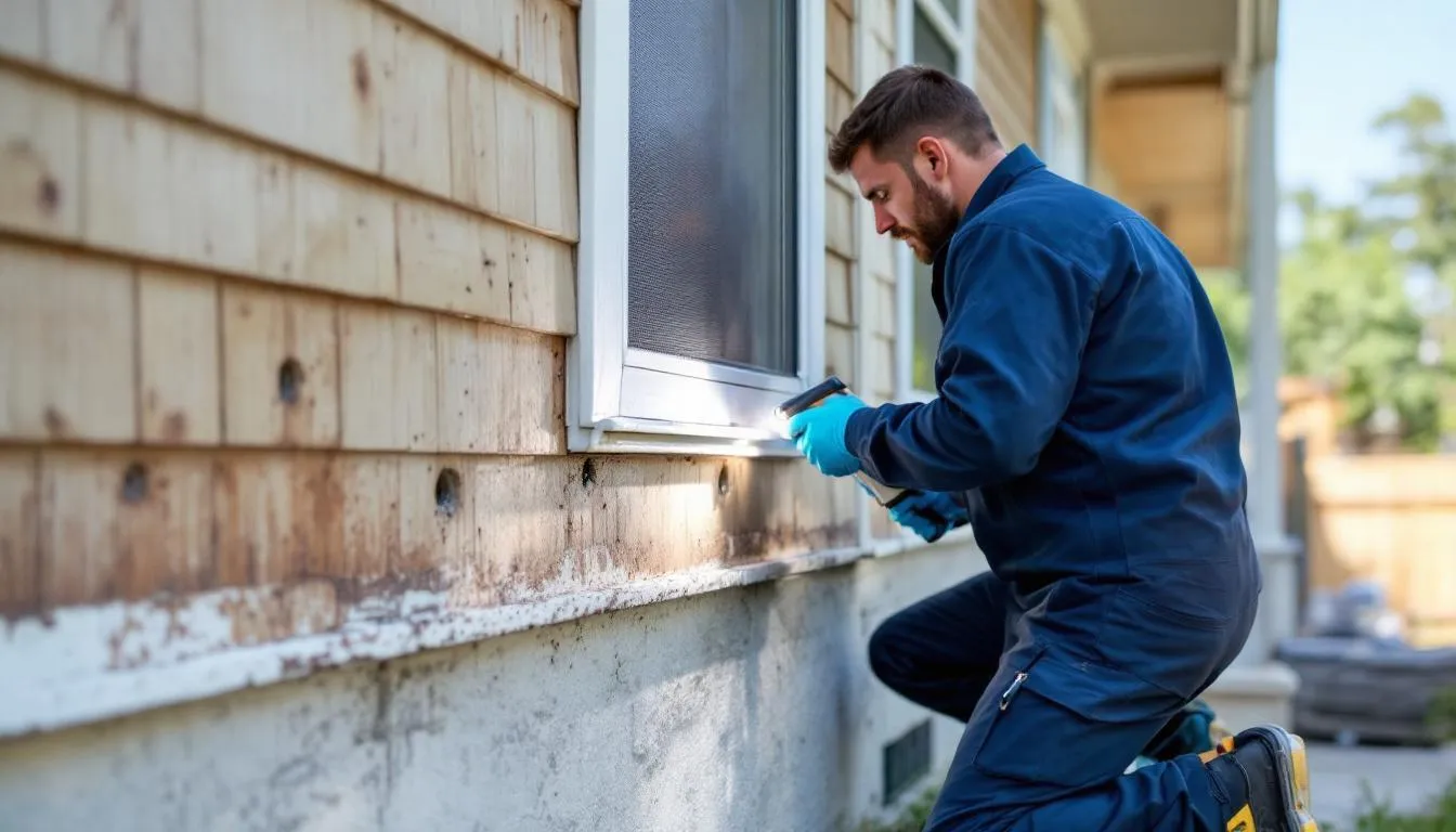 In the image, a professional pest control technician is performing rodent exclusion work by sealing potential entry points with protective barriers to prevent future infestations in both residential and commercial properties. The technician uses humane and effective methods to address rodent problems, ensuring the safety and health of the environment.