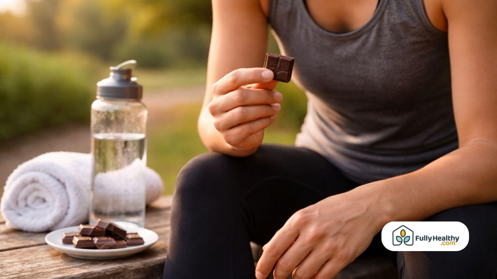 Woman holding dark chocolate after workout with water bottle outdoors