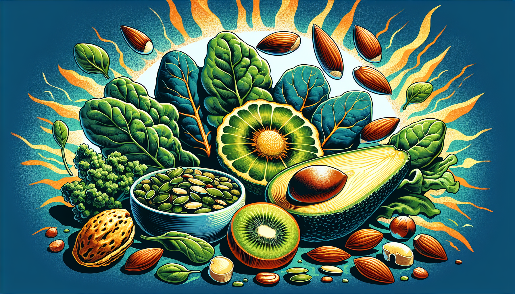 Illustration of nuts, seeds, and green leafy vegetables rich in vitamin E