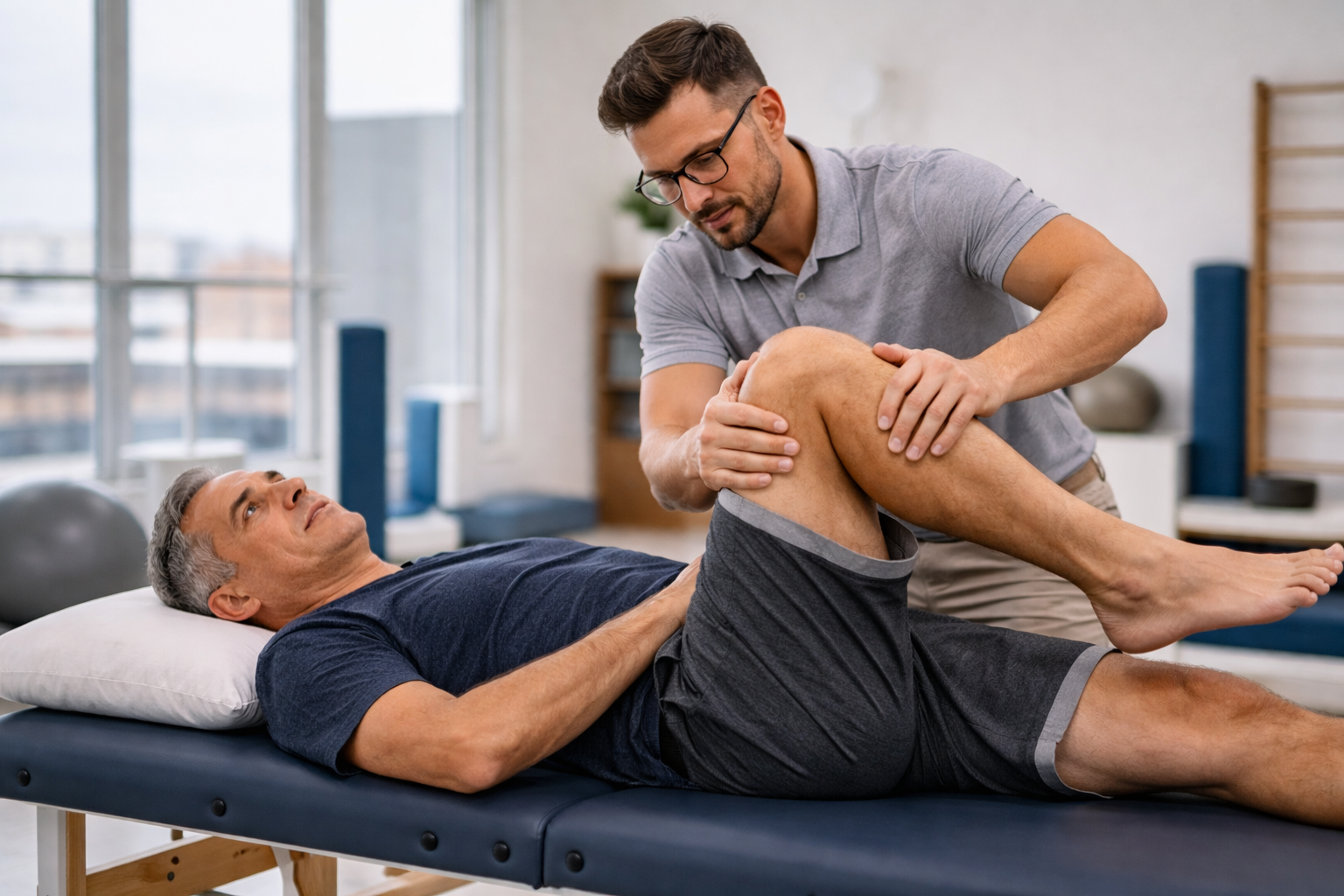 Physical therapist guiding hip mobility exercise for patient with walking-related hip pain