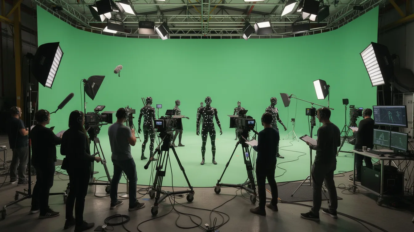 Auf dem Filmset sind Schauspieler in Motion-Capture-Anzügen vor einem großen grünen Greenscreen zu sehen, umgeben von Kameraleuten und technischem Equipment. Diese Szene könnte Teil eines neuen Marvel-Films im Marvel Cinematic Universe sein, in dem Superhelden wie Spider-Man oder die Avengers zum Einsatz kommen.