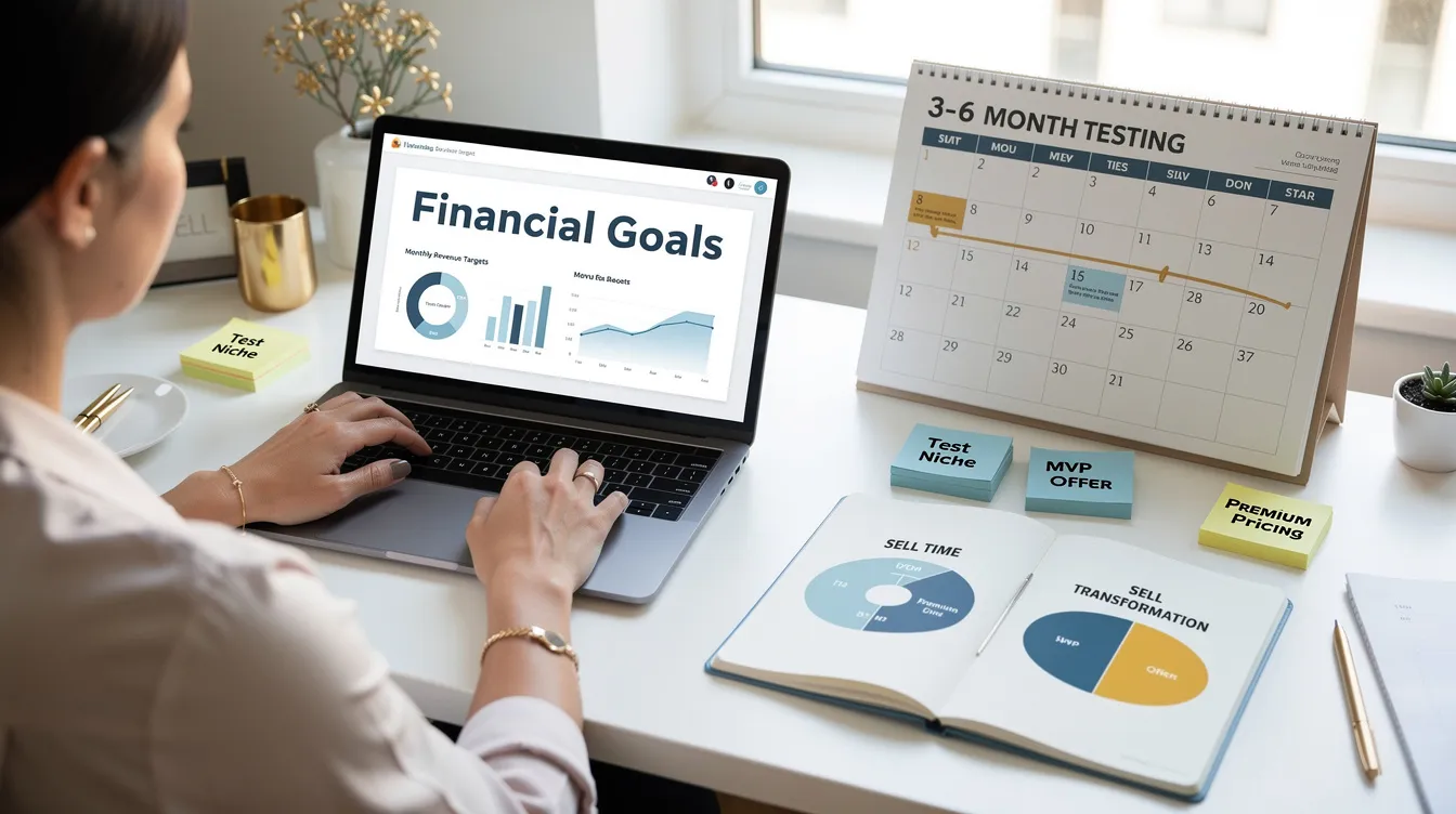 The image illustrates a professional coach outlining a business plan for their own coaching business, focusing on setting clear financial goals and defining a coaching niche. It emphasizes the importance of launching a minimal viable offer that communicates client transformations, essential for attracting clients and achieving a successful coaching business.