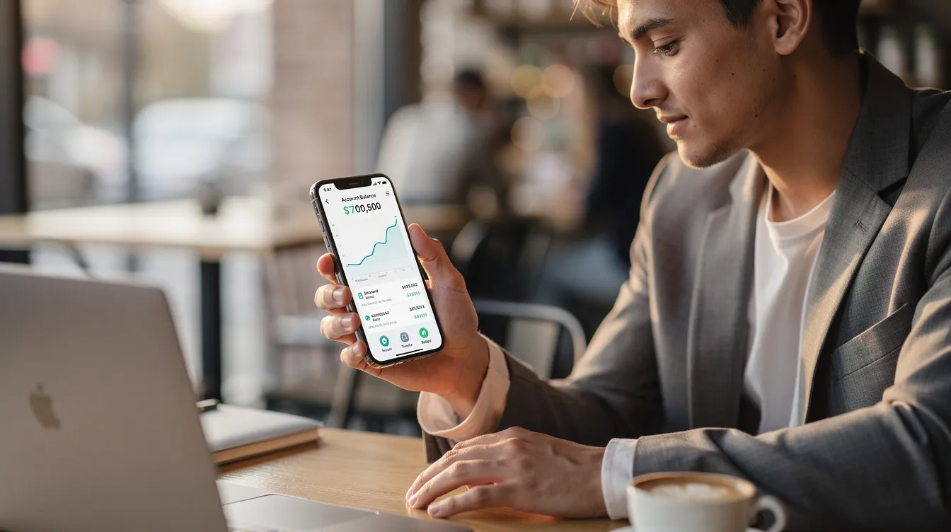 A person is sitting comfortably while browsing a financial services app on their smartphone, likely exploring options for 免 tu 貸款 and assessing their 信貸 評 分. The screen displays various loan products and application processes, highlighting features like 實際 年 利率 and 申請 貸款.