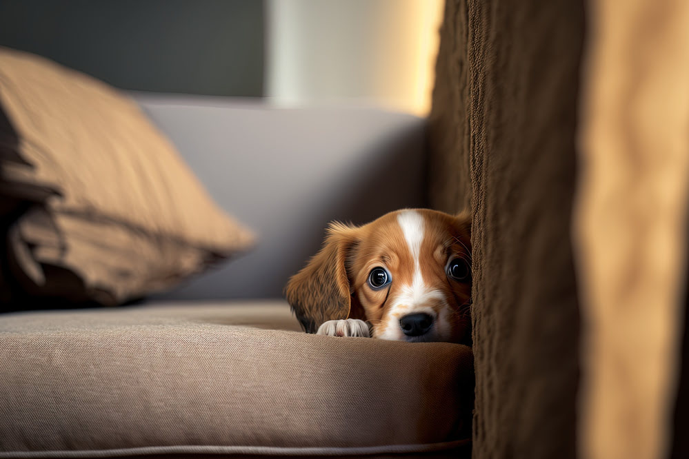 A nervous looking puppy lays on a sofa