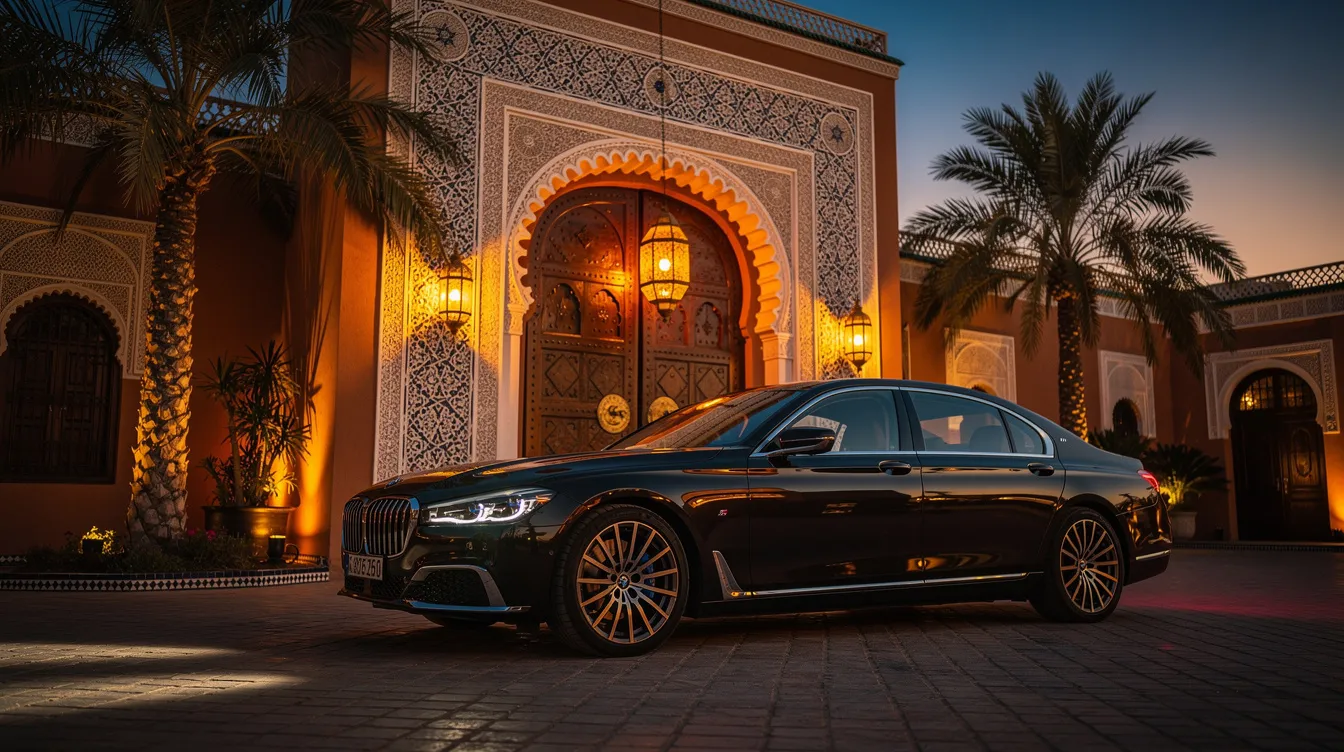 Een glanzende donkere luxe sedan staat geparkeerd voor een Marokkaanse riad, omringd door palmbomen en sfeervolle warme avondverlichting, wat zorgt voor een onvergetelijke entree. Deze exclusieve auto huren biedt de ultieme rijervaring voor speciale gelegenheden.