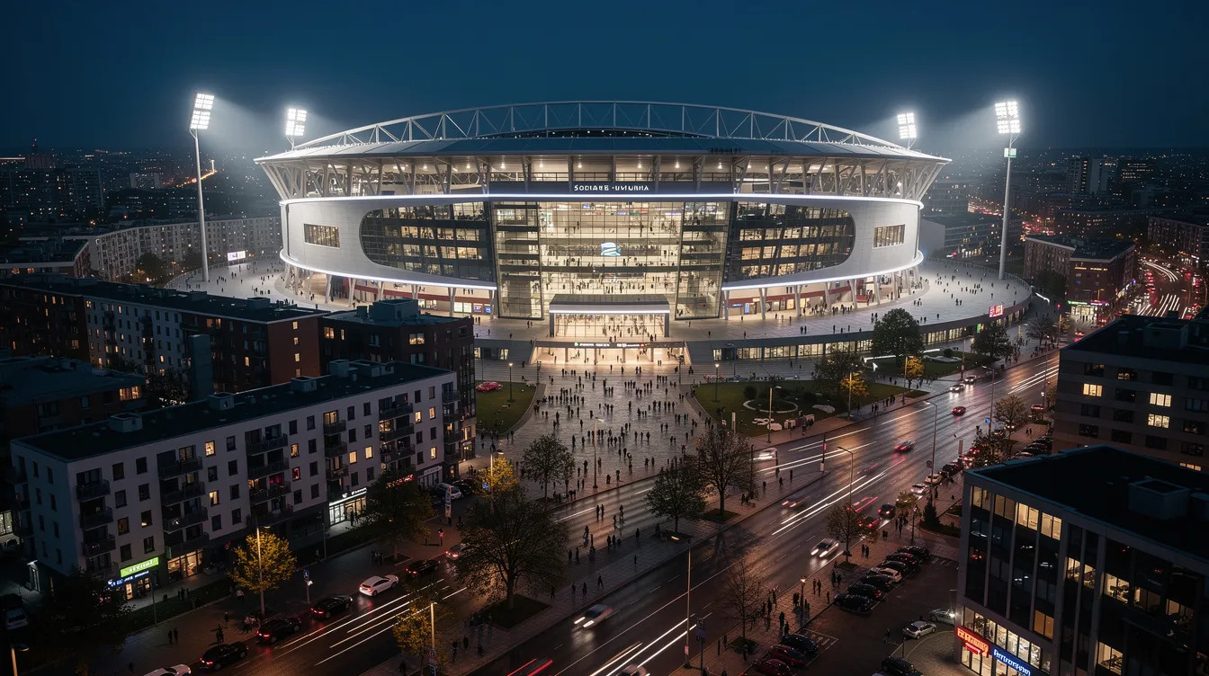 En exteriörbild av en modern fotbollsarena som är upplyst på kvällen, omgiven av stadsbebyggelse. Arenan är en plats för stora matcher, inklusive UEFA Champions League-finalen, där lag som Real Madrid och Bayern München kan mötas i en av världens mest prestigefyllda turneringar.