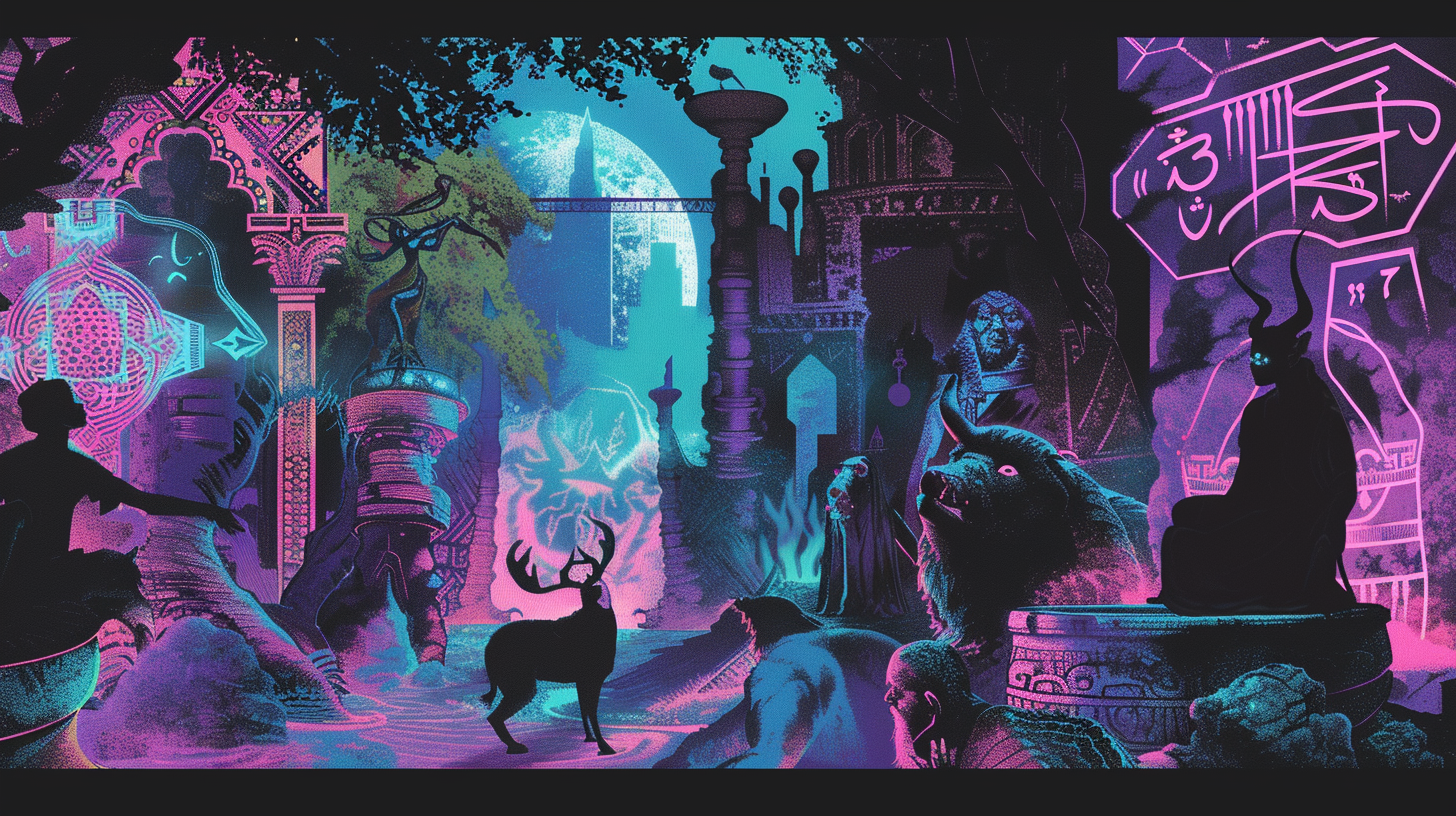 Illustration of jinn interacting with humans and animals in an ethereal, mystical setting