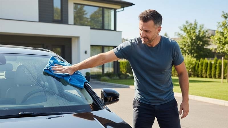 a man cleaning his car windshield with microfiber towels