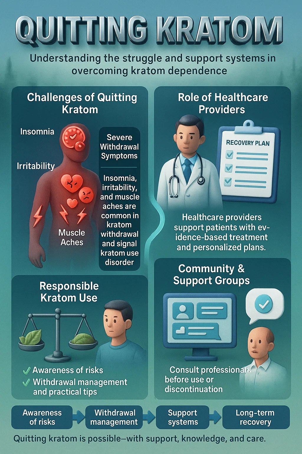 Uplifting Kratom Community Interviews 10 Infographic on quitting kratom, showing challenges like insomnia, irritability, and muscle aches, alongside the role of healthcare providers, responsible kratom use, and community support groups.