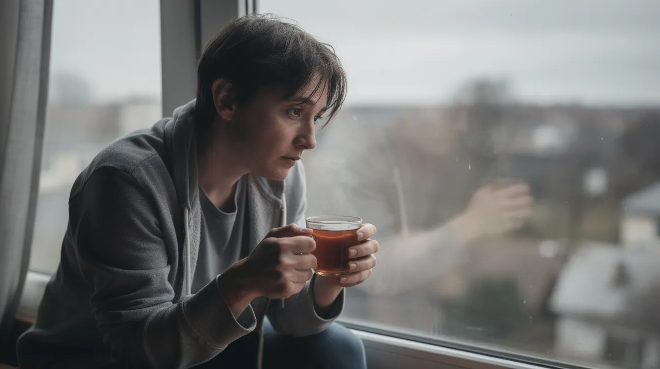 En sliten person sitter ved vinduet og ser utover, holder en kopp te i hendene. Dette bildet illustrerer følelsen av utmattelse og behovet for hvile, som ofte oppstår ved langvarig stress og utbrenthet.