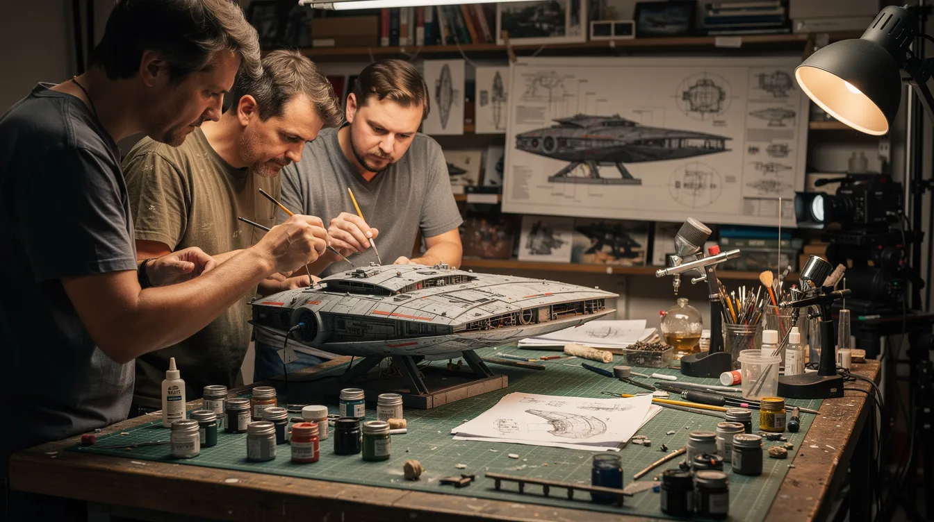 In einem Filmstudio arbeiten Techniker an einem detaillierten Miniaturmodell eines Raumschiffs, um die beeindruckende Welt des Star Wars-Universums zum Leben zu erwecken. Auf dem Arbeitstisch liegen verschiedene Werkzeuge und Farben, die für die Gestaltung des Modells verwendet werden.