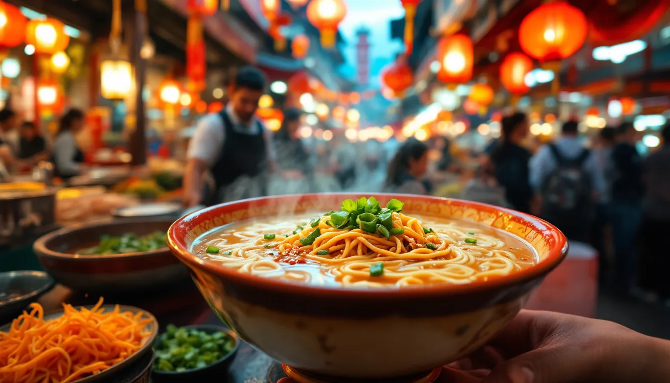 Eine dampfende Schüssel authentischer chinesischer Nudelsuppe, die in einem Restaurant serviert wird.