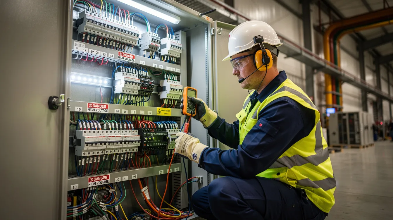 An electrician is focused on a complex high-voltage electrical panel inside a large commercial facility, showcasing the critical role of skilled workers in the construction industry. This scene highlights the importance of workforce development and the merit shop philosophy in ensuring safe and efficient project delivery.