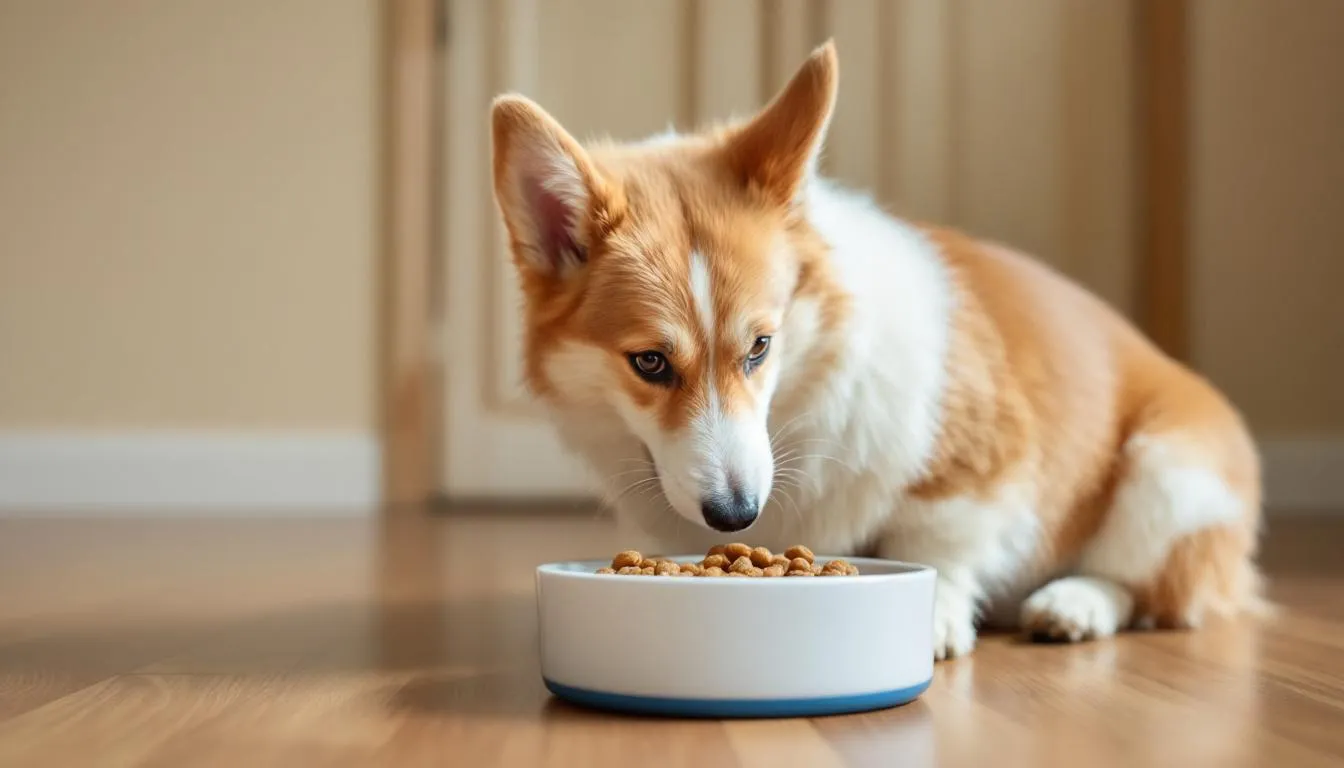 A Pembroke Welsh Corgi is happily eating high quality dog food from a bright, colorful dog bowl, showcasing its characteristic short legs and cheerful demeanor. The scene captures the essence of this popular breed, known for its herding instincts and friendly nature.