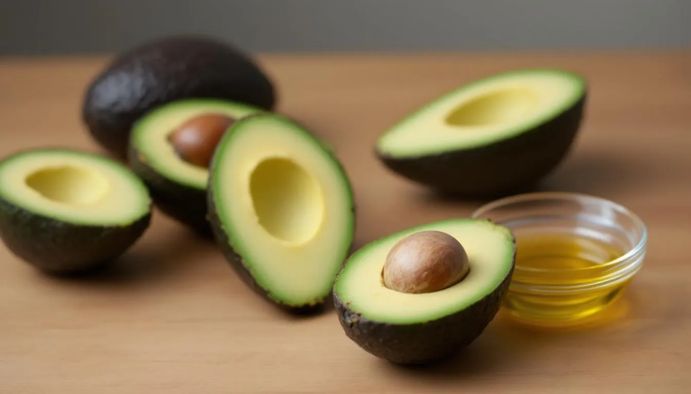 The image features fresh, ripe avocados cut in half, showcasing their creamy green flesh, positioned next to a small glass bowl filled with golden avocado oil. This cooking oil, known for its high smoke point and rich monounsaturated fats, is an ideal choice for high heat cooking methods and adds a delicious flavor to various dishes.