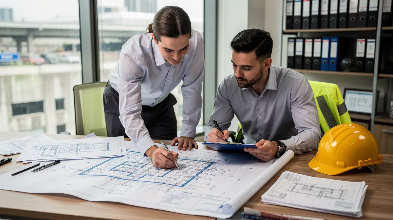 Two professionals are collaborating at a large desk, reviewing industrial plans and technical drawings related to a wheat flour processing plant. Their focus on the documents suggests they are discussing key aspects such as machinery requirements, project funding, and the overall manufacturing process for flour production.