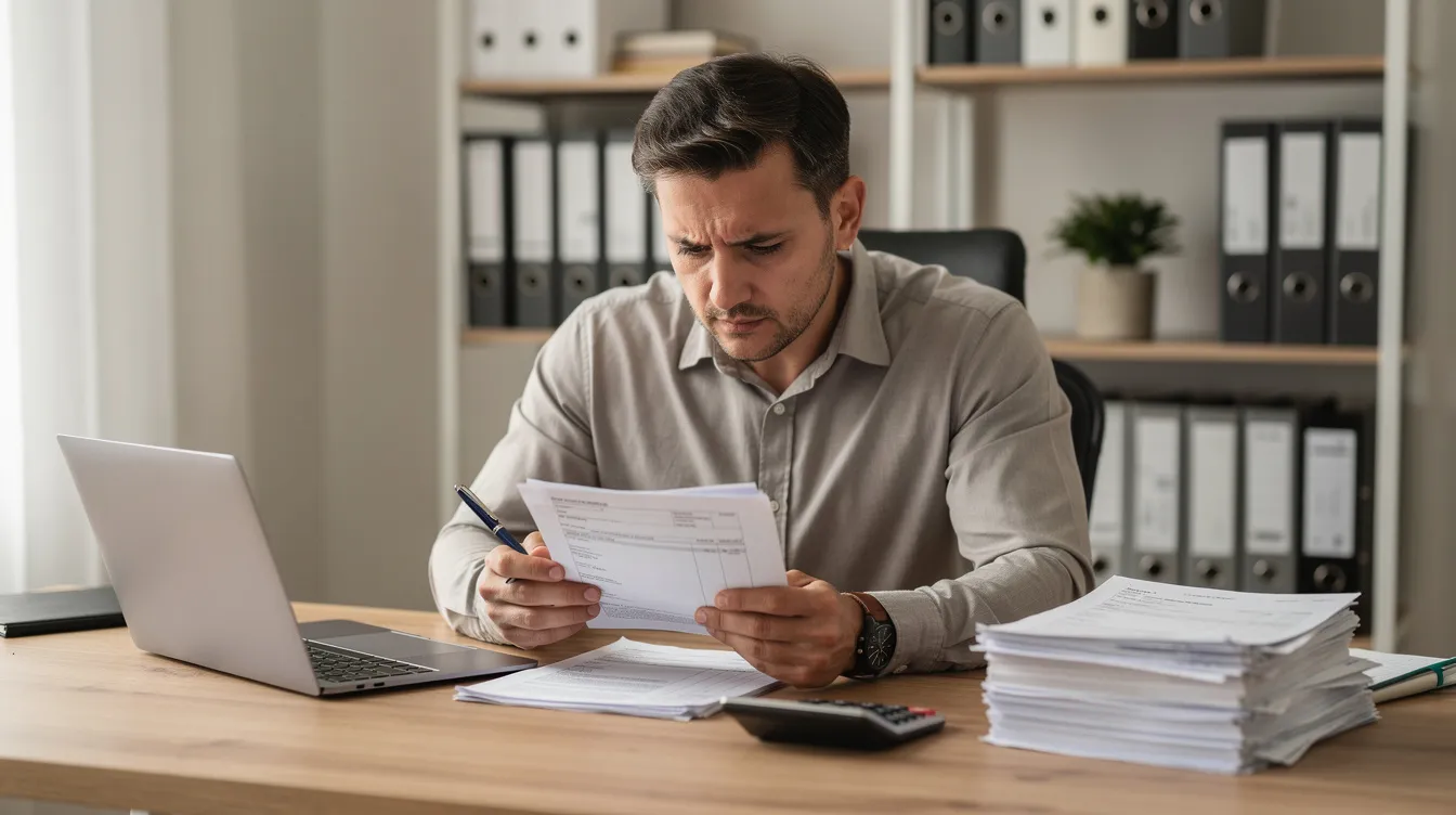 8e2b9434 e95c 49a2 8049 725307eac5e2 A small business owner, focused and diligent, is seated at a desk, carefully reviewing paperwork with a pen in hand. This scene captures the essence of a micro enterprise entrepreneur, potentially involved in the Pradhan Mantri Mudra Yojana, as they assess their financial assistance options and prepare for their next phase of growth development.