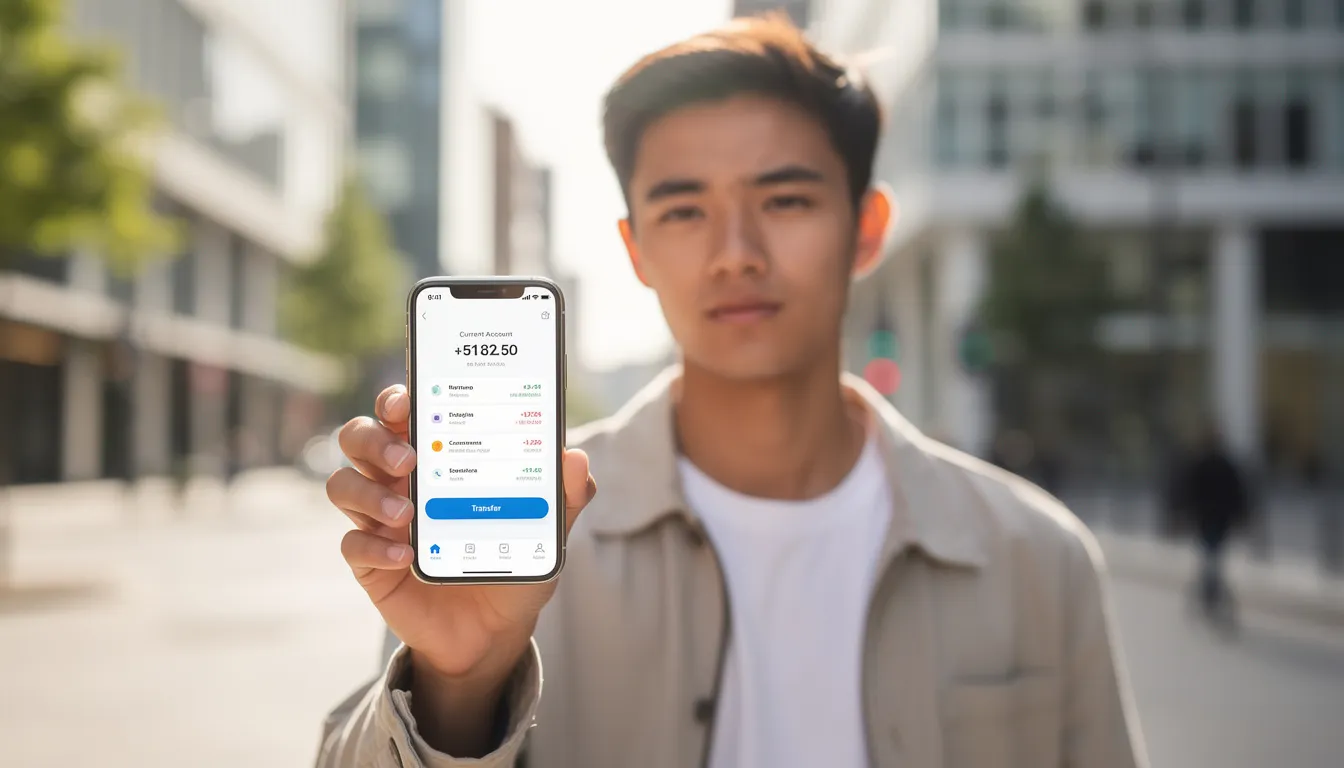 En person sitter utomhus och använder en smartphone för att navigera i en mobilbankapp. Mobilen visar en användarvänlig design, vilket gör det enkelt att hantera sina finanser, perfekt för den som vill ha snabba uttag och smidiga insättningar hos ett supersnabbt casino.