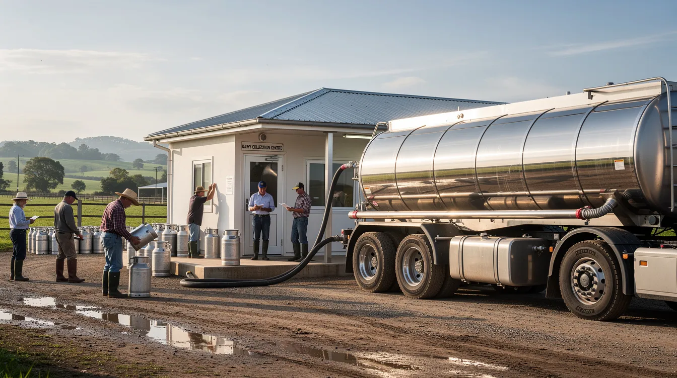 A milk tanker truck is parked at a rural dairy collection center, surrounded by farmers who are discussing the ghee manufacturing process and the collection of high-quality milk. This scene highlights the importance of dairy businesses in the local economy and the ongoing demand for traditional dairy products like clarified butter and organic ghee.
