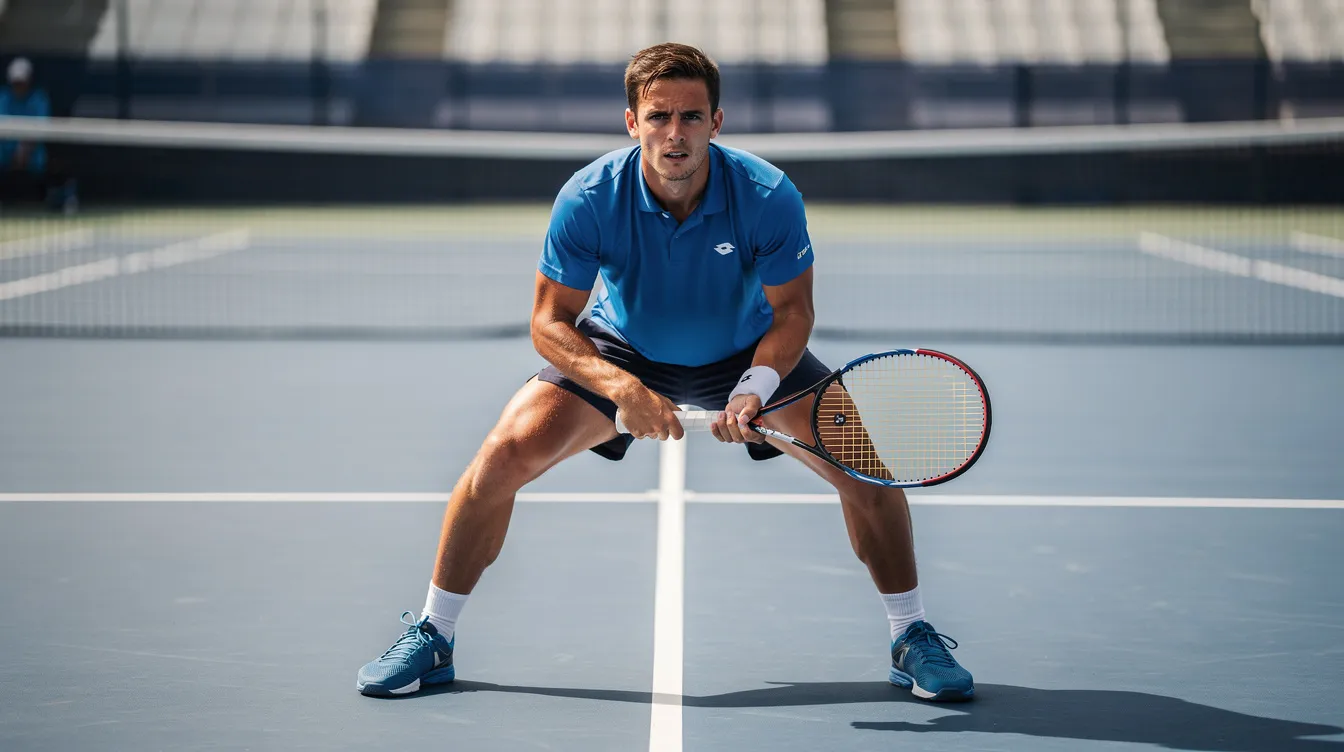 A tennis player is positioned in a low athletic split-step at the baseline of a tennis court, ready to swing forward with their racquet aimed for directional control. This stance emphasizes balance and prepares the player to hit the ball with power and consistency during match play.