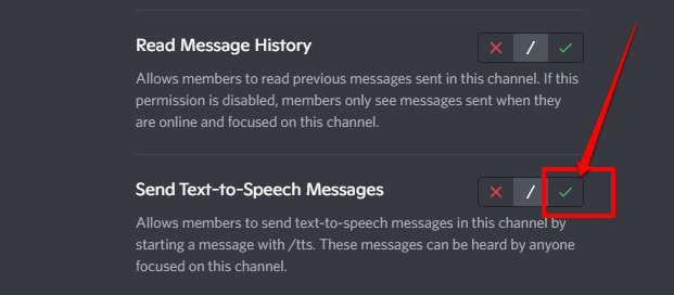 Screenshot illustrating how to enable TTS messages in a Discord channel