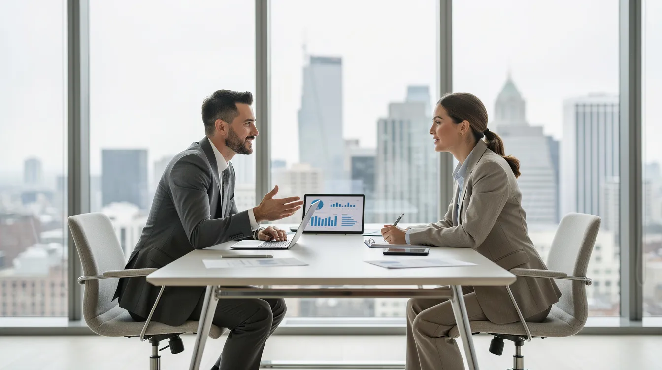 A business owner is engaged in a discussion with a financial professional in a modern office setting, exploring options for life insurance policies that could provide cash value growth potential and protect their loved ones. The Prudential logo is subtly visible in the background, indicating the presence of Prudential insurance company services.