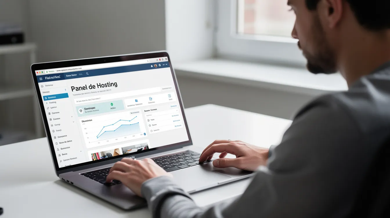 Una persona está sentada frente a un ordenador portátil, observando un panel de hosting abierto en la pantalla, donde se pueden ver opciones para crear una base de datos y configurar un sitio web en WordPress. En la interfaz, se destacan campos para ingresar el nombre de usuario y la contraseña, indicando el proceso de instalación de WordPress.