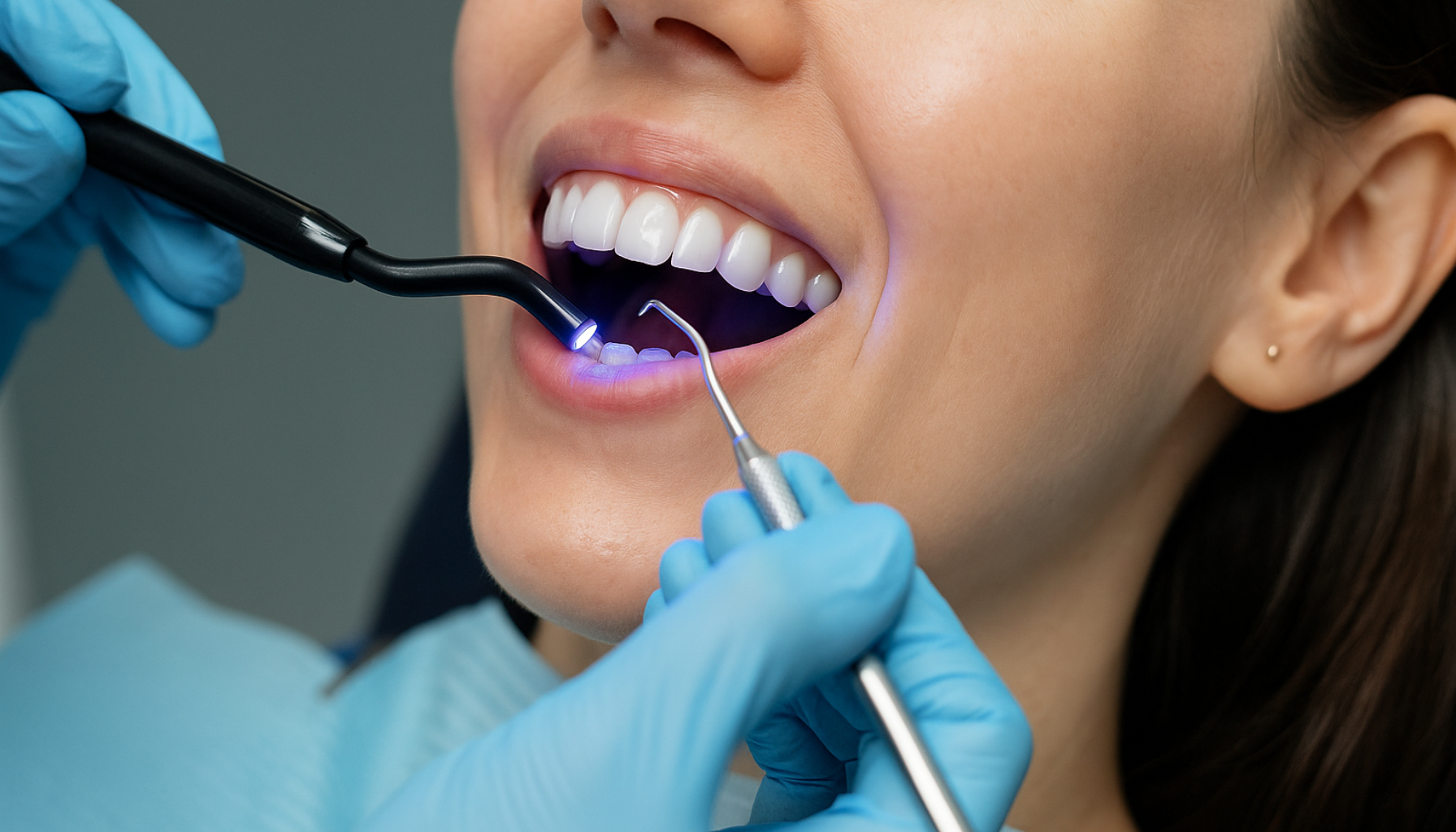 Nærbilde av tannlege som utfører kompositt bonding på fortenner, med blått herdelyst brukt for estetisk forbedring."