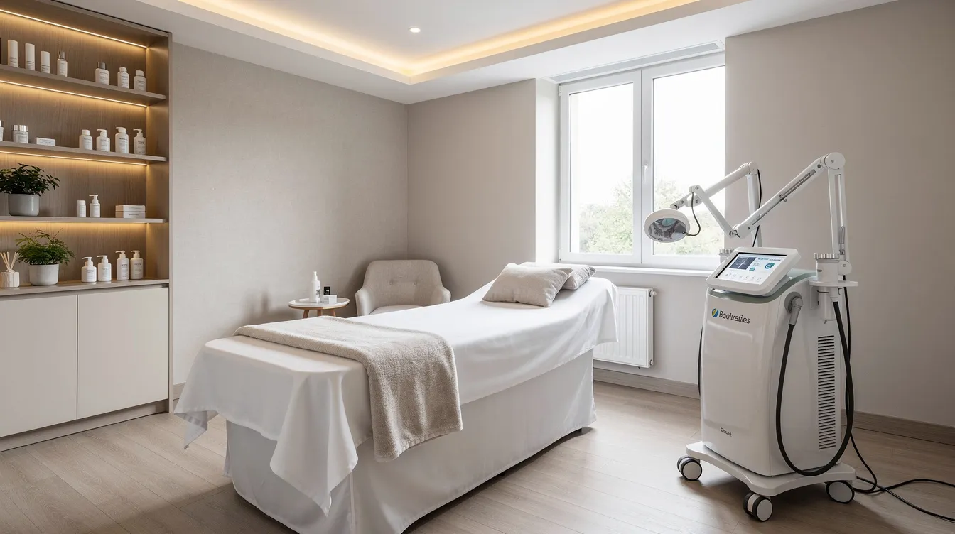 The image depicts a welcoming modern medspa treatment room featuring a state-of-the-art body contouring device and a comfortable treatment bed, designed for non-surgical body sculpting procedures aimed at reducing stubborn fat pockets and enhancing skin elasticity. The serene atmosphere suggests a focus on fat reduction and overall wellness, inviting clients to embark on their weight loss journey.