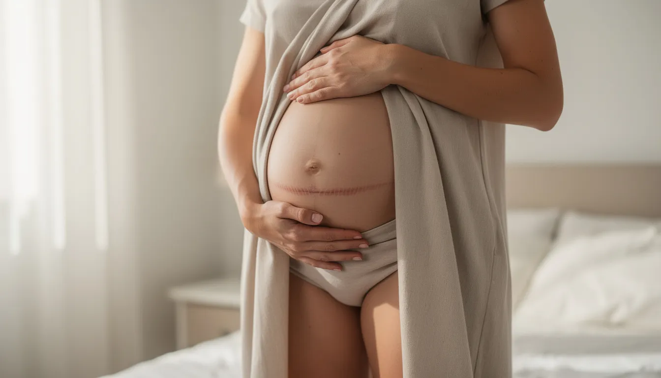 Kobieta delikatnie dotyka brzucha w okolicy blizny po cesarskim cięciu, co może wskazywać na pielęgnację blizny oraz mobilizację tkanki w celu poprawy jej elastyczności. Tego rodzaju działania są istotne dla zdrowia fizycznego i prawidłowej postawy ciała po operacji.