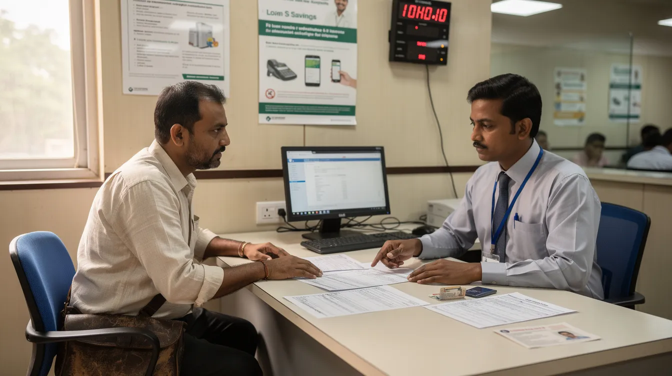 8e365c7b 6804 440c 8e2a 2eaa35610c4a A small business owner in India is seated across from a bank officer at a branch counter, with various documents related to micro enterprises and loan applications spread out on the desk. The scene reflects a discussion about financial assistance options, including mudra loans under the Pradhan Mantri Mudra Yojana, aimed at supporting eligible borrowers with satisfactory credit track records.