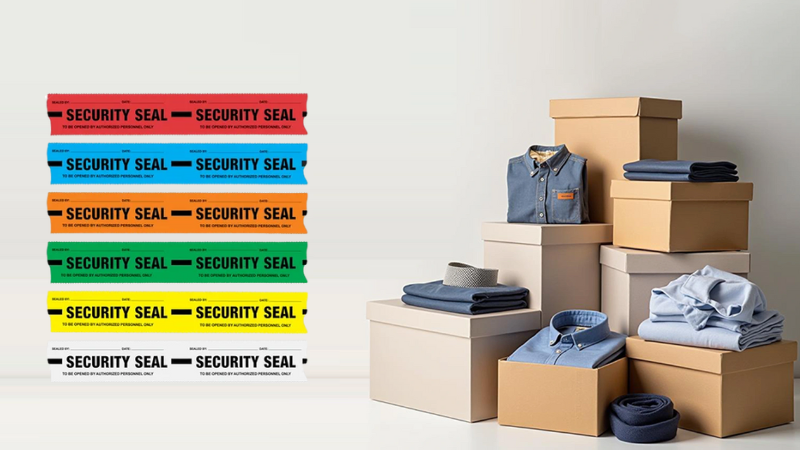 Security seals in various colors beside boxes containing neatly folded clothing