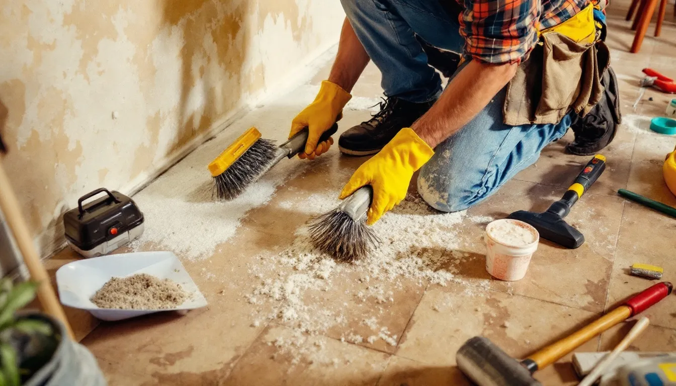 Cleaning the ceiling surface before plastering an artex ceiling.