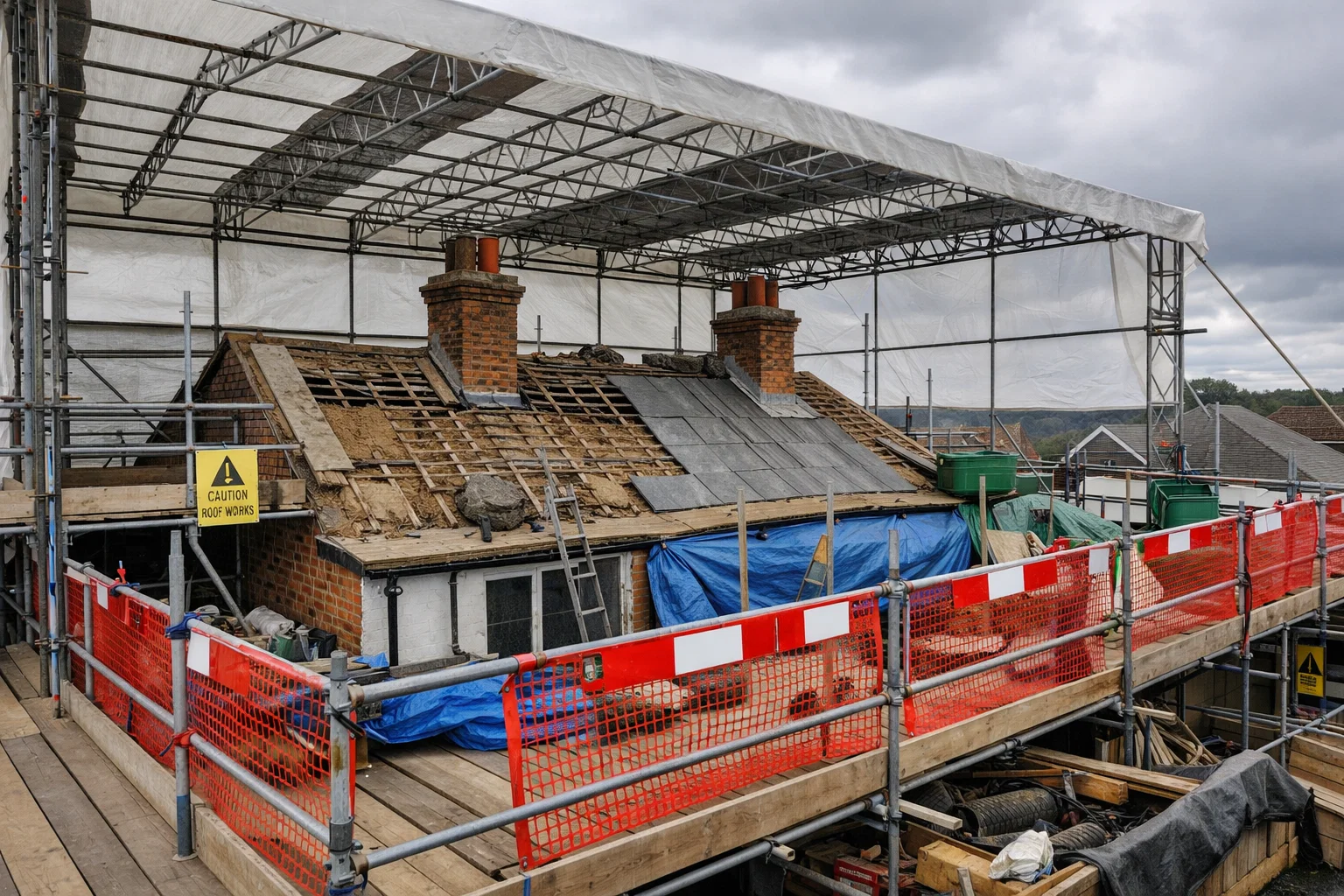 Residential roof replacement site showing scaffolding and weather safety precautions in the UK.