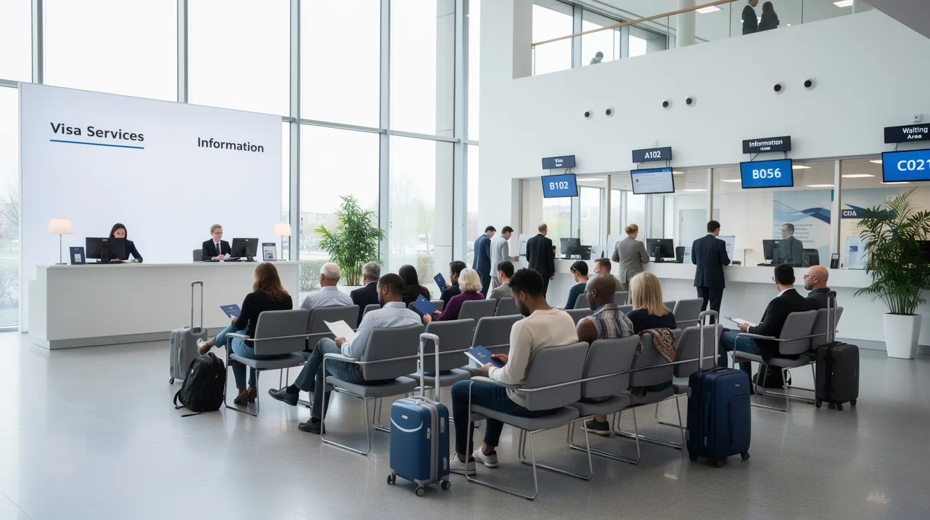 A diverse group of people sits in a modern visa application center lobby, each waiting for their turn to check their UK visa status or submit documents related to their visa applications. The atmosphere is calm, with individuals focused on their passport numbers and the status of their submitted applications.
