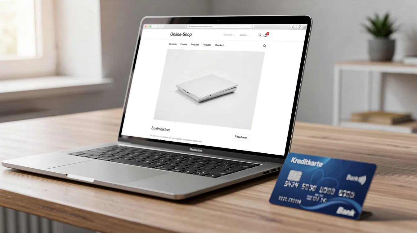 Auf dem Schreibtisch liegt ein Laptop mit einem geöffneten Online-Shop, daneben befindet sich eine Kreditkarte. Diese Szene vermittelt den Eindruck eines E-Commerce-Erlebnisses, das durch die Nutzung eines Hosting-Anbieters für eine WordPress-Website unterstützt wird.