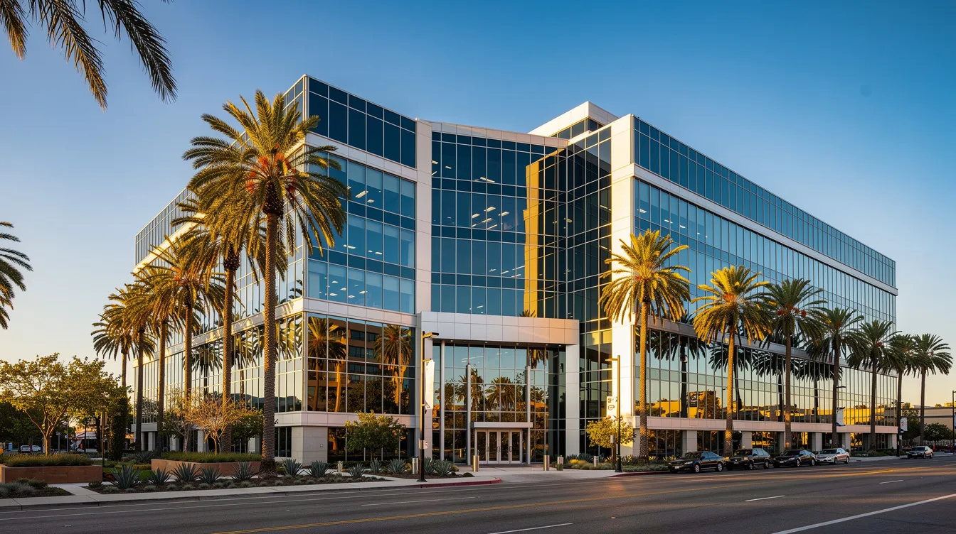 The image depicts a modern glass-clad commercial office building in Southern California, surrounded by palm trees and set against a clear blue sky. This structure exemplifies energy efficiency standards and compliance with California's Title 24, highlighting the importance of energy performance in commercial buildings.