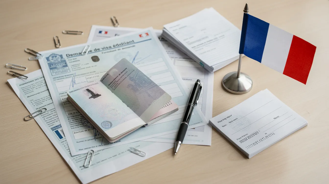 L'image présente des documents administratifs, notamment un passeport et plusieurs formulaires, nécessaires pour la demande de visa étudiant pour la France, accompagnés d'un drapeau français. Ces documents sont essentiels pour les étudiants souhaitant étudier aux États-Unis, en particulier pour obtenir un visa F-1.