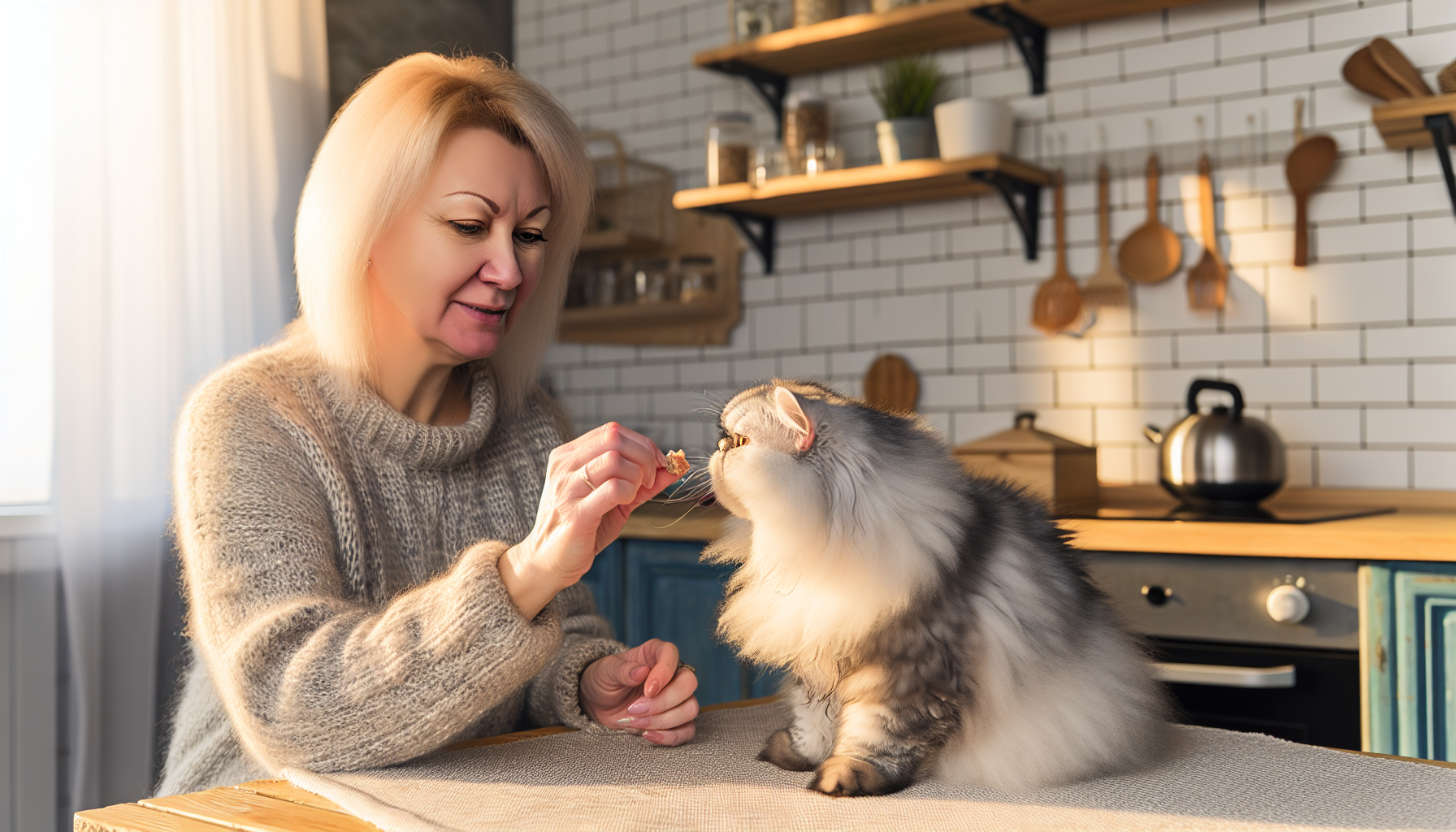 Cat interacting with owner during mealtime
