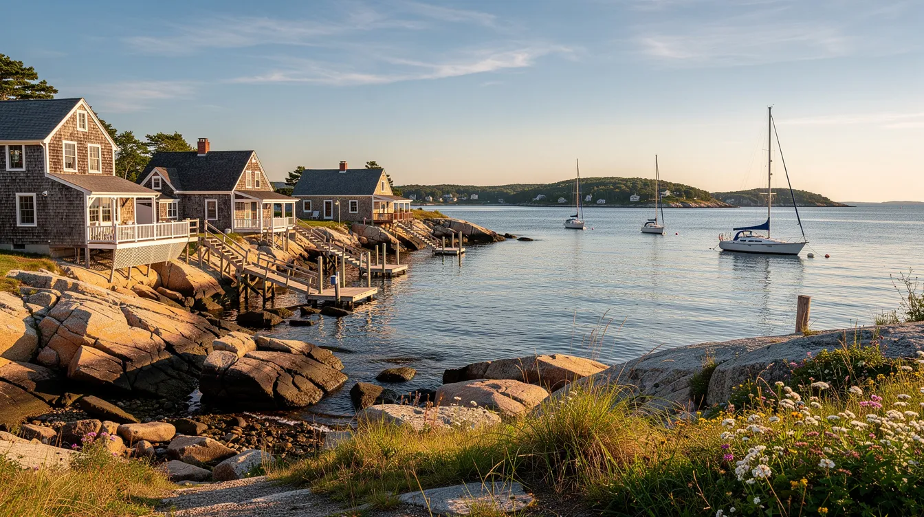 The image depicts charming waterfront cottages and homes lining a rocky New England shoreline, with sailboats dotting the harbor under a clear summer sky. This picturesque scene captures the essence of living in the Greater New Haven area, where residents enjoy the beauty of nature and easy access to vibrant community life.