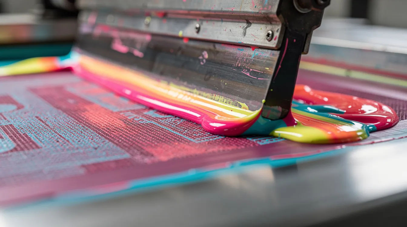 Die Nahaufnahme zeigt das Siebdruckverfahren mit leuchtenden Farben auf einer Druckplatte, was die lebendige Ästhetik der Pop Art Bewegung verdeutlicht. Diese Technik, die in den 1950er Jahren populär wurde, spiegelt die Alltagskultur und Konsumwelt wider, die für viele Pop Art Künstler wie Andy Warhol und Roy Lichtenstein charakteristisch ist.