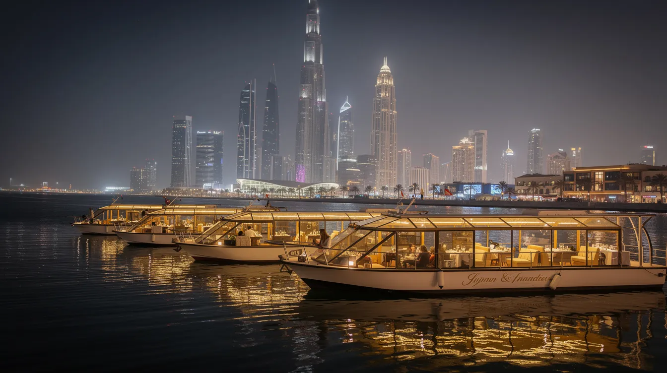 A imagem mostra barcos coloridos navegando pelas águas de Dubai, com a icônica linha do horizonte da cidade ao fundo. Os visitantes podem observar a mistura de culturas e o estilo de vida vibrante dos Emirados Árabes Unidos, enquanto aproveitam um passeio pelos canais e portos da região.