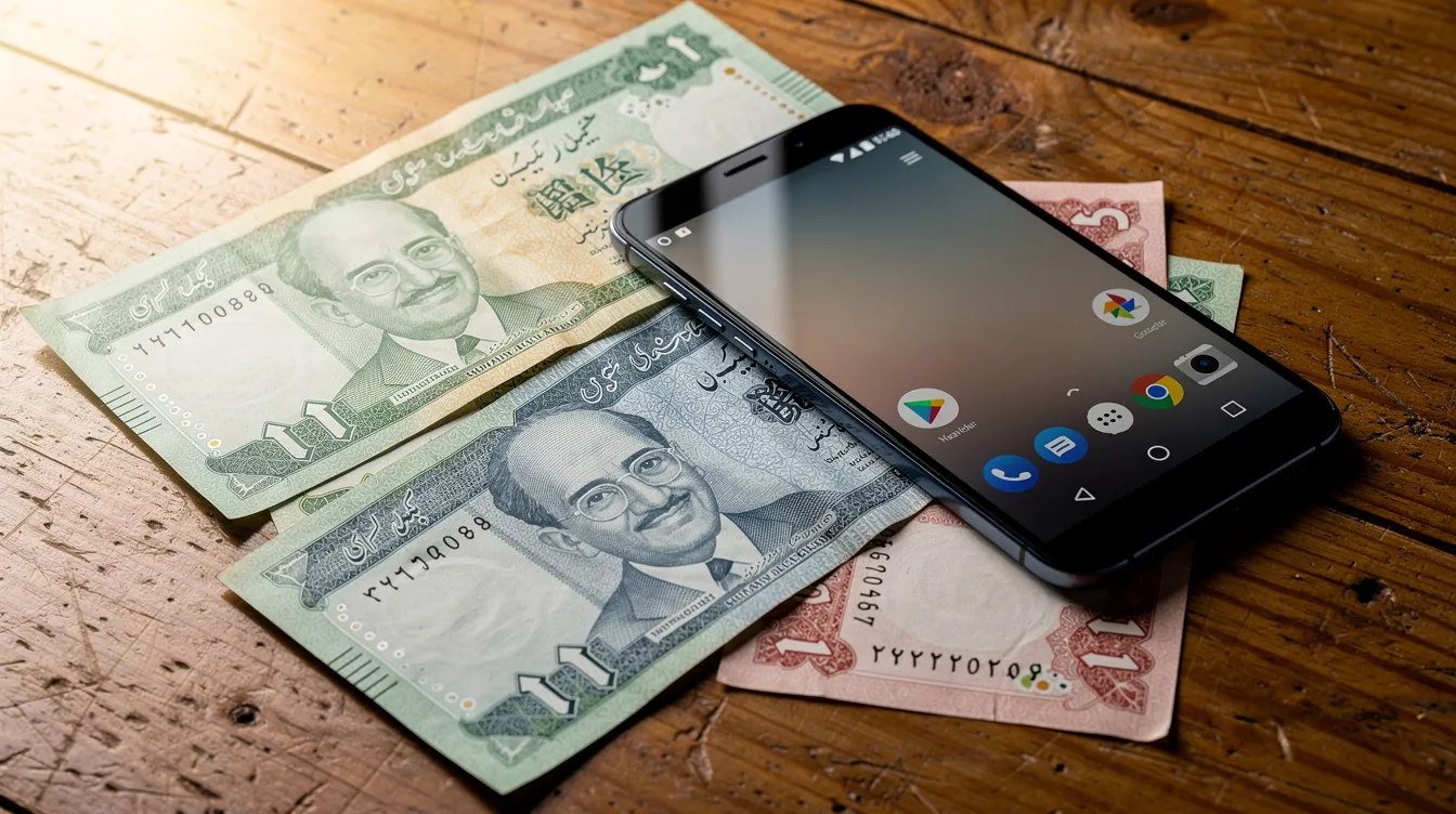 The image features a collection of Pakistani currency notes alongside a smartphone resting on a wooden table, symbolizing modern payment methods like skrill money transfer and online wallets. This scene reflects the convenience of managing funds and transferring money in Pakistan, highlighting the use of digital platforms for financial transactions.