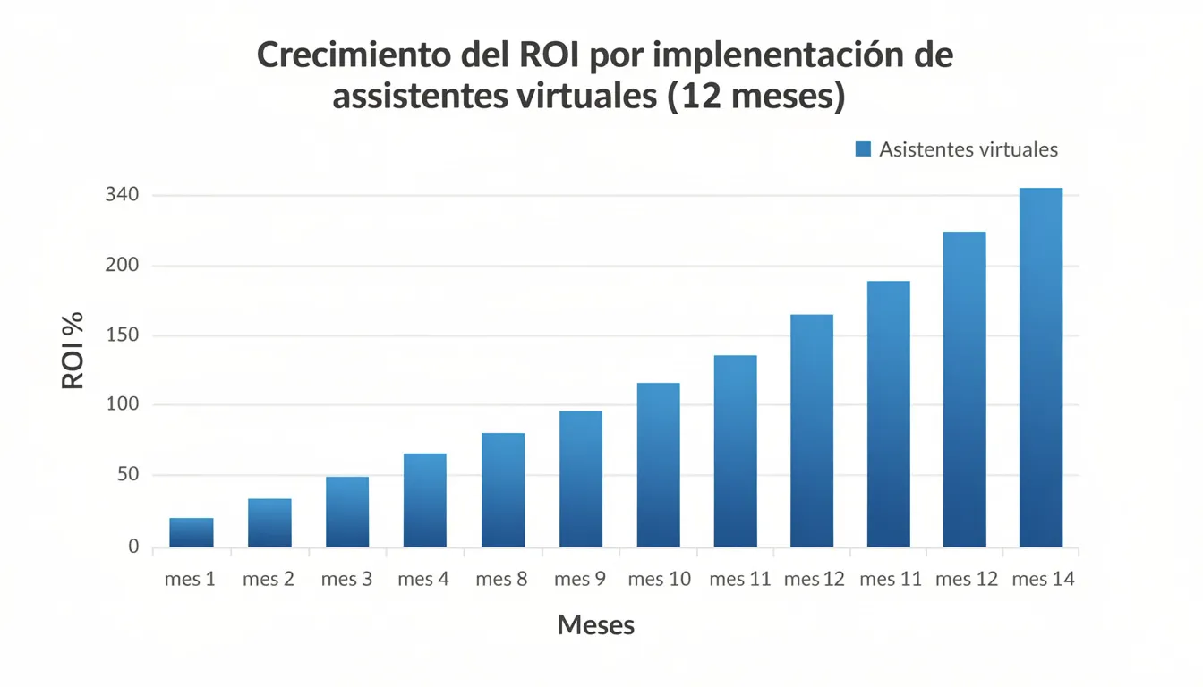 Gráfico de barras que ilustra el crecimiento del retorno de inversión (ROI) en la implementación de asistentes virtuales en empresas durante un periodo de 12 meses, destacando el aumento progresivo en la conversión de clientes y la eficiencia en el proceso de ventas. Este análisis visual refleja el impacto positivo de la inteligencia artificial en la gestión y atención al cliente.