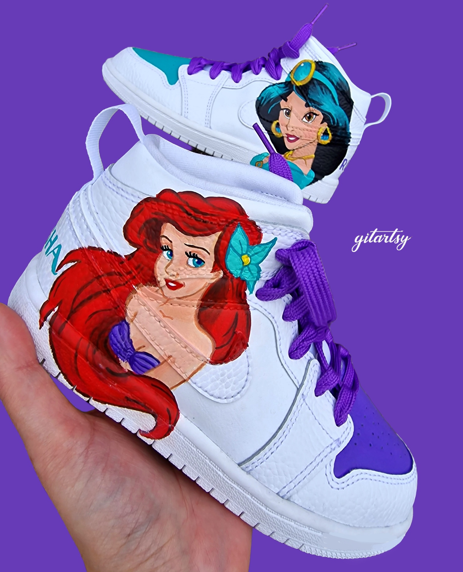 Kids girls Disney Princess custom hand painted Nike AF1 sneakers by Gitartsy 